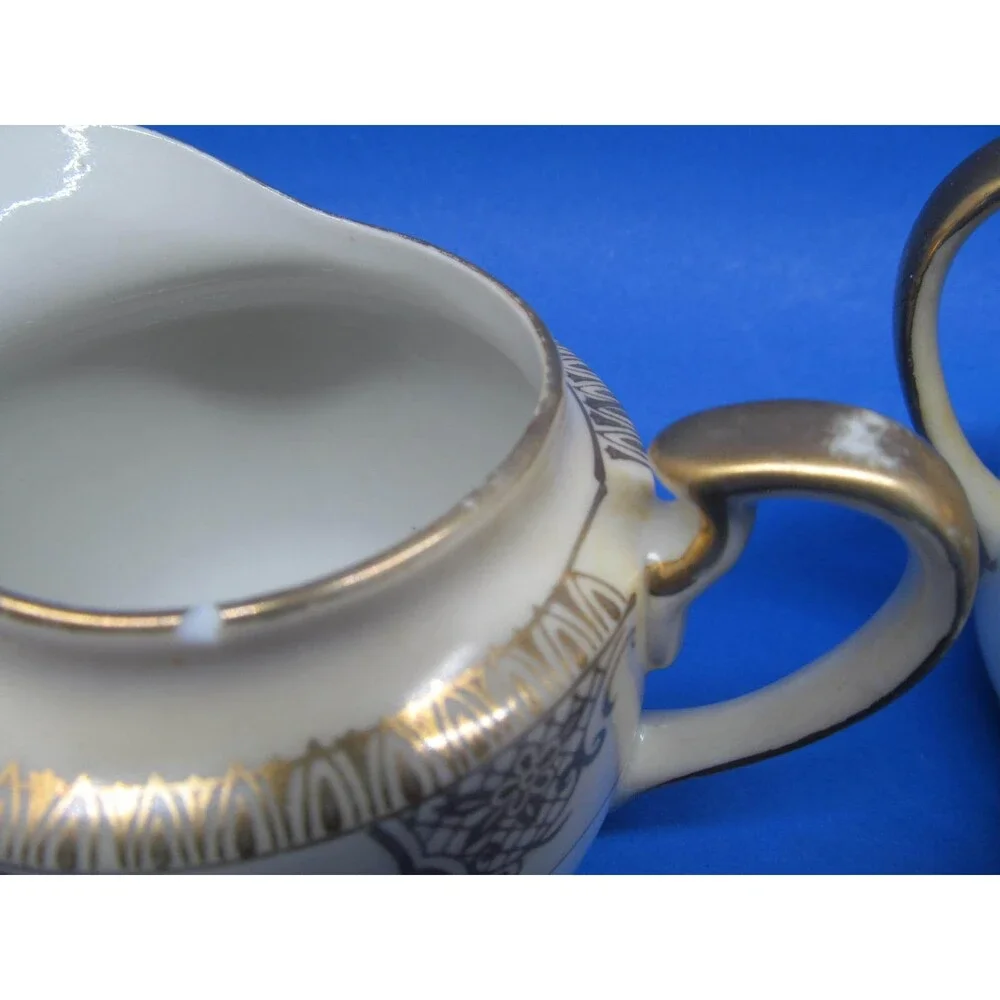 Chikaramachi Japan Vintage Covered Sugar And Creamer Set CHK3 Pattern Gold Trim